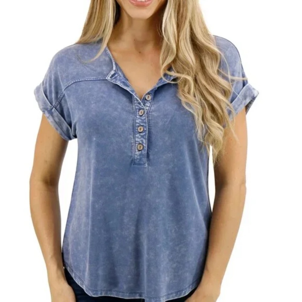 Grace & Lace Mineral Wash Henley Tee Size L – Washed Navy Casual Comfy Basic